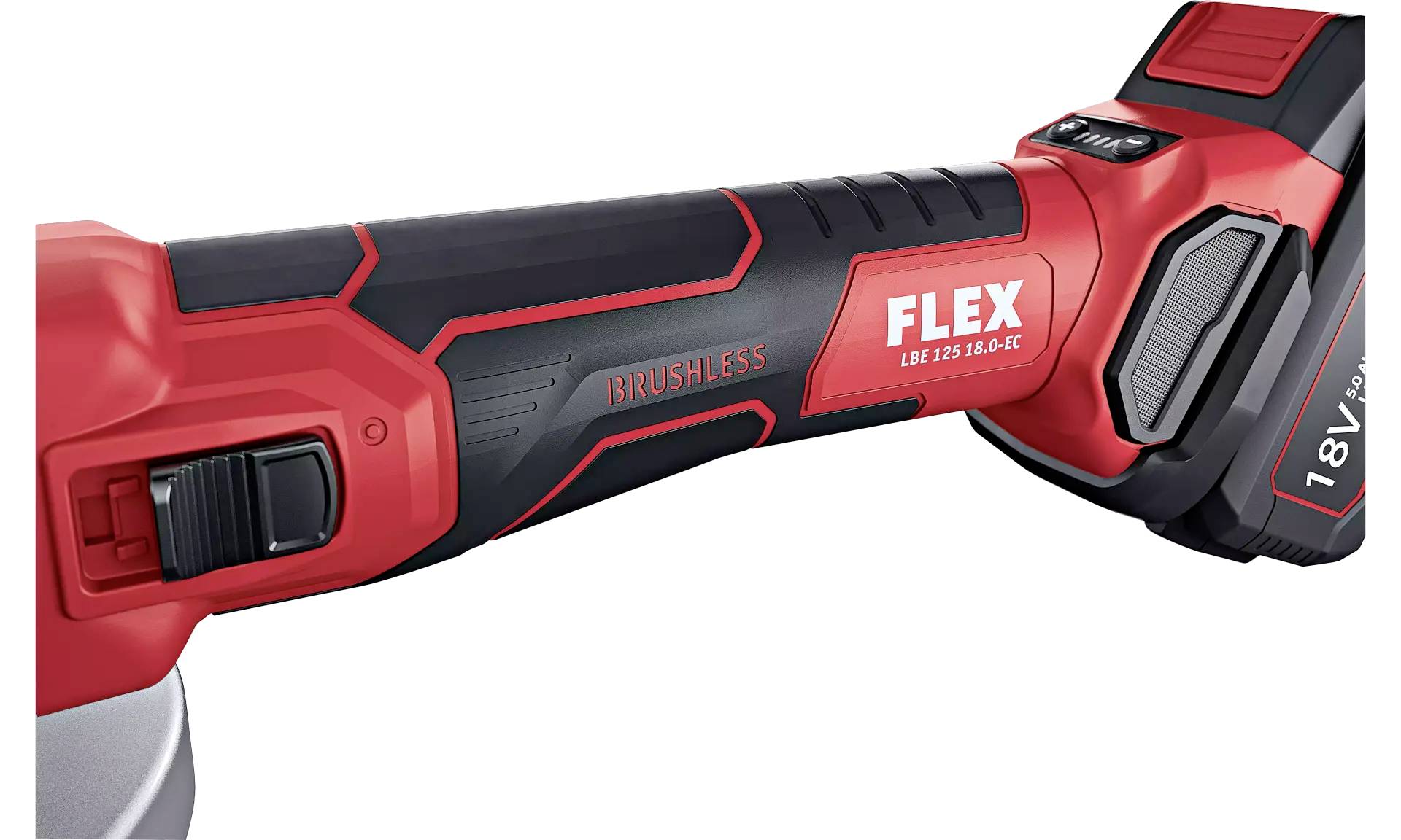 Roter und schwarzer Winkelschleifer mit dem Schriftzug 'FLEX EB 125 18.0-EC Brushless', Juden links ein Schalter zu sehen.