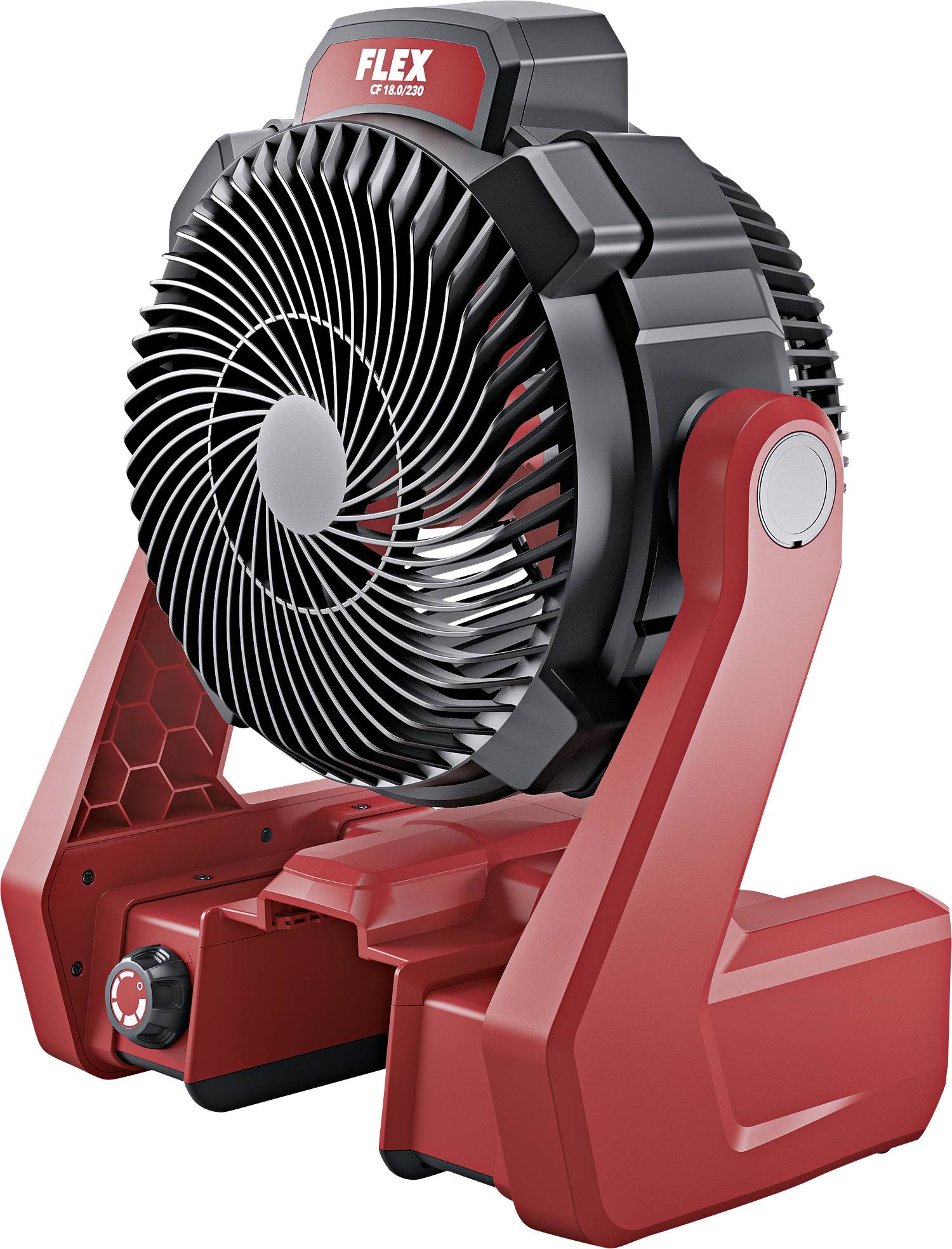 Flex Lüfter: Leistungsstarker, roter, tragbarer Ventilator mit verstellbarem Kopf und robustem Design für effiziente Luftzirkulation.