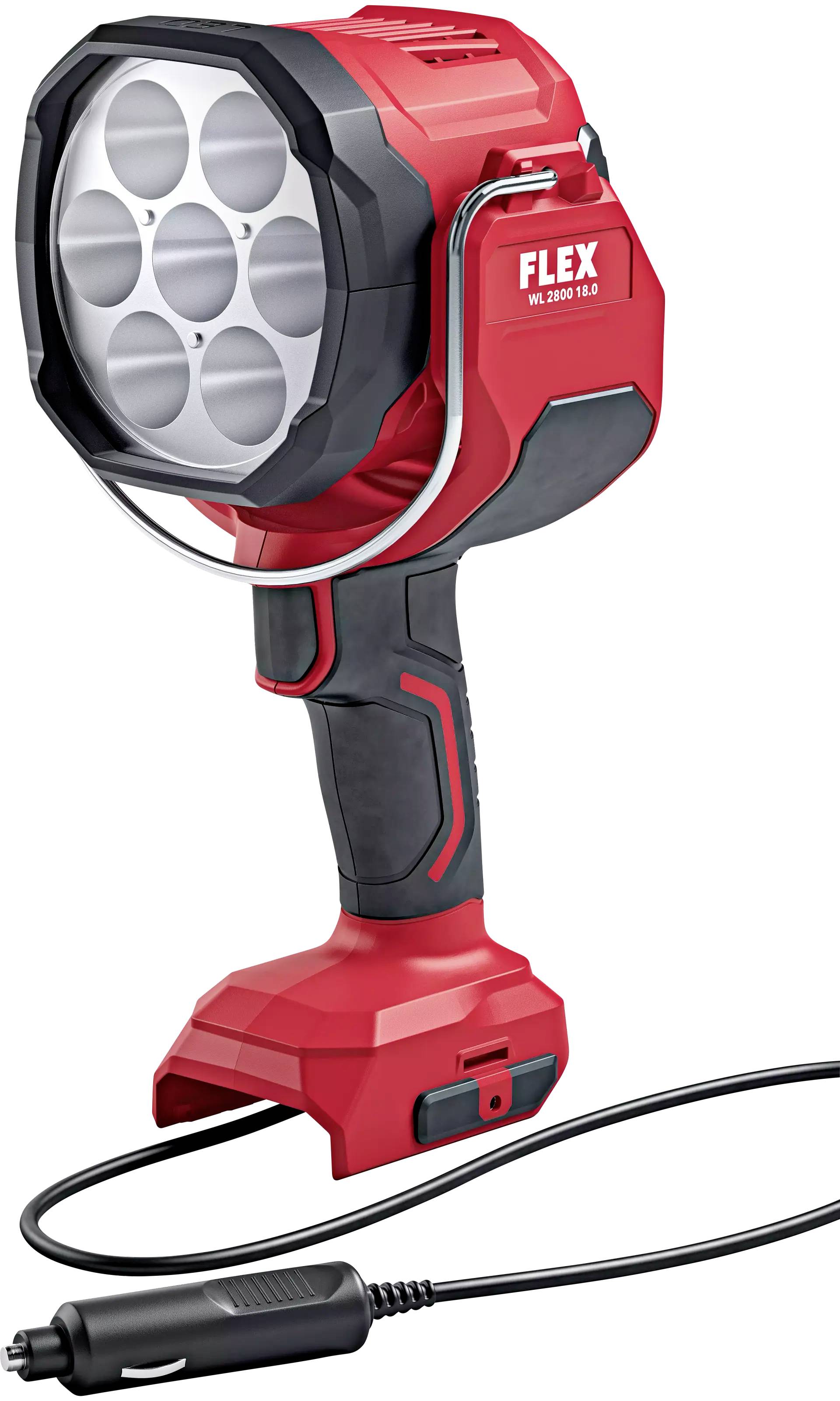 Rot-schwarze tragbare LED-Arbeitsleuchte von FLEX mit sieben runden Linsen und einem Netzkabel für den Zigarettenanzünder, Modell WL 2800 10.8.