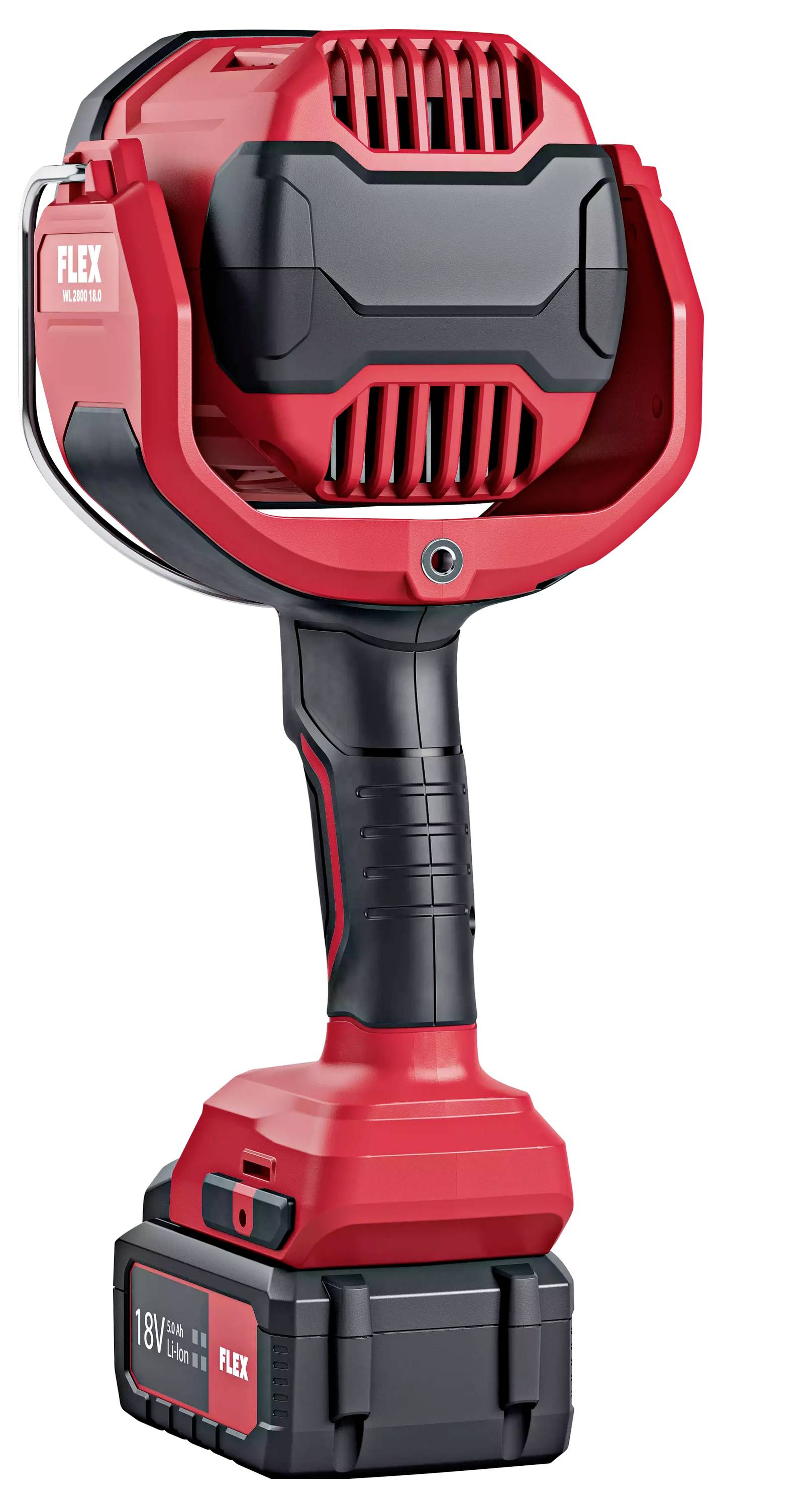 Ein roter, tragbarer 18V-Akku-Baustrahler mit Griff, ideal für den Einsatz auf Baustellen. Ladegerät und Batteriestatusanzeige enthalten.