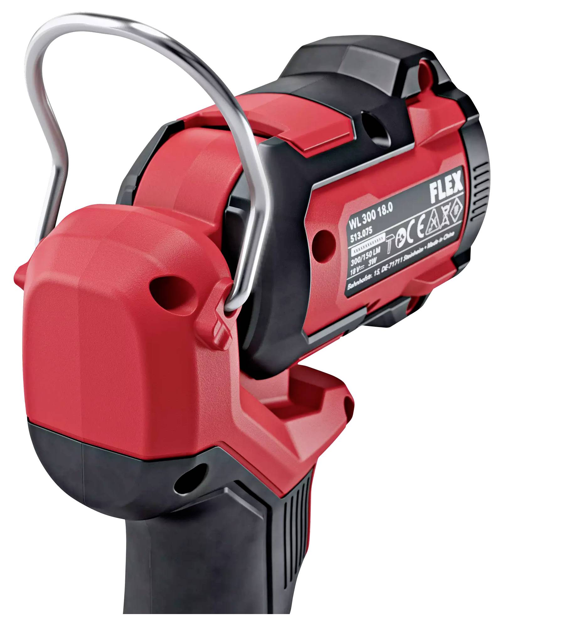 Ein rotes und schwarzes Elektrowerkzeug mit ergonomischem Griff und Metallbügel an der Oberseite.