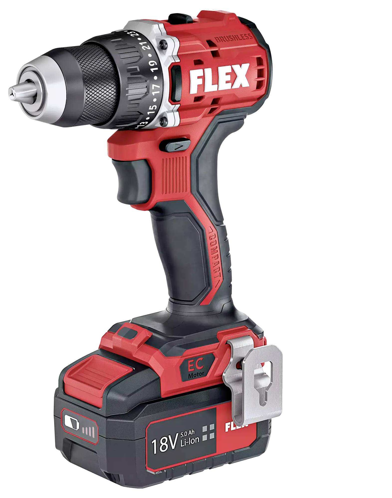 Akkubohrmaschine in Rot und Schwarz mit der Aufschrift 'FLEX'. Sie verfügt über eine 18V Lithium-Ionen-Batterie und ist kompakt designt.