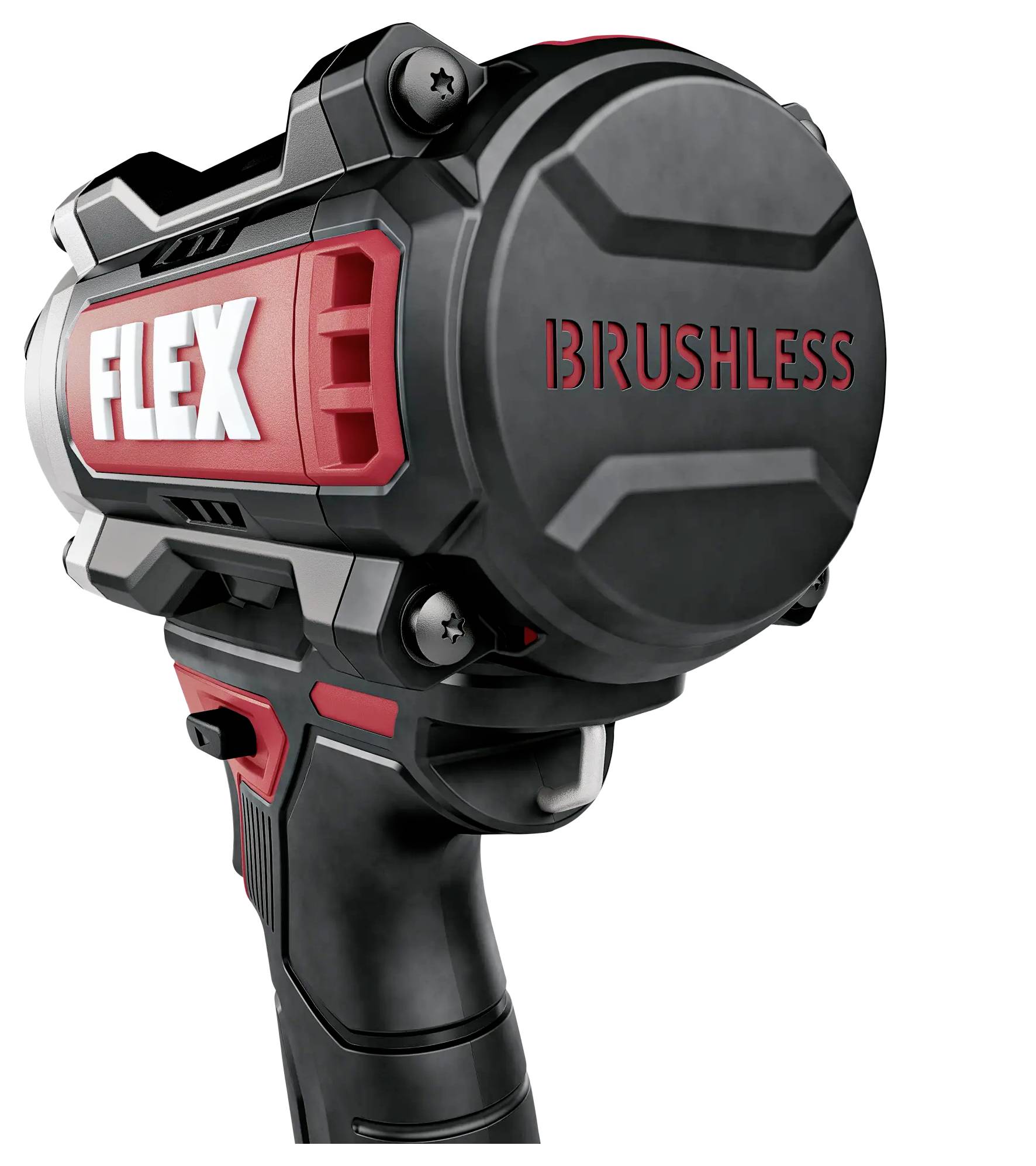 Akkuschrauber mit schwarzem Gehäuse, rote Akzente, Aufschrift 'FLEX BRUSHLESS'.