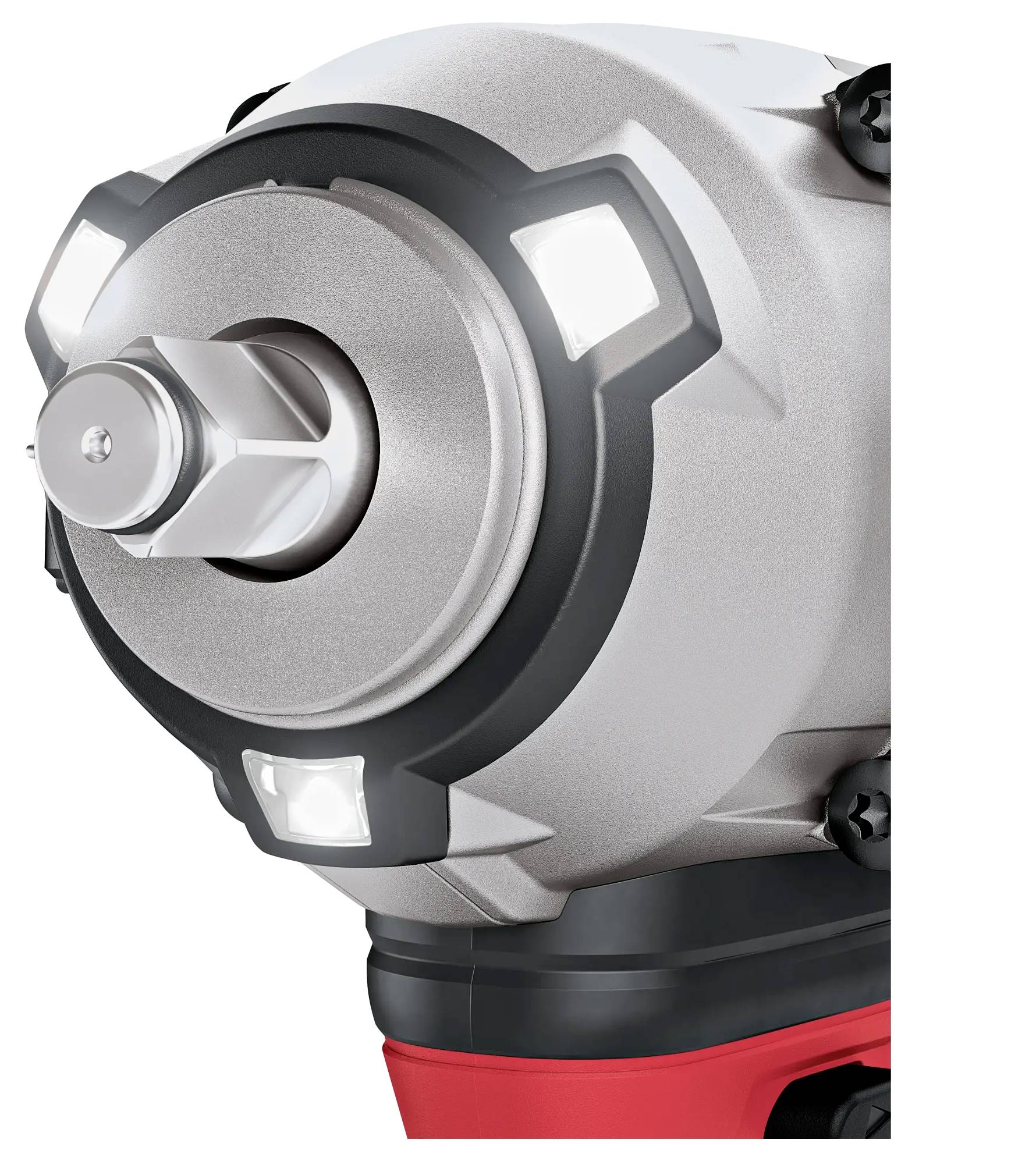 Nahaufnahme eines silbernen Akkuschlagschraubers, rot-schwarzer Griff, LED-Leuchten um den Metallkopf, zur besseren Sichtbarkeit.