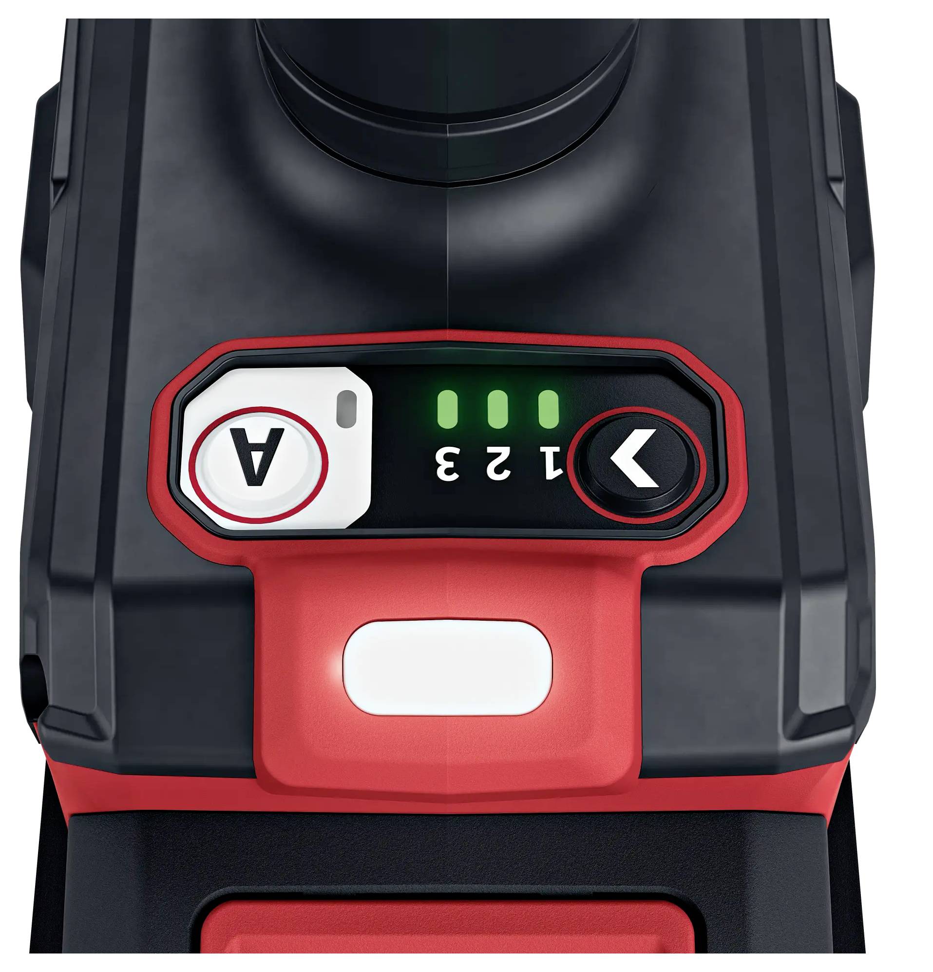 Nahaufnahme eines schwarzen und roten Geräts mit Anzeigelämpchen von 1 bis 3. Tasten für Modus 'A' und Pfeil zur Steuerung sichtbar.