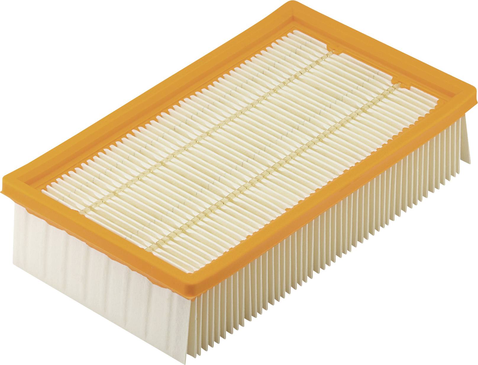 Ein rechteckiger Luftfilter mit orangefarbenem Rahmen und weißen Falten, dient zur Reinigung der Luft in verschiedenen Geräten.