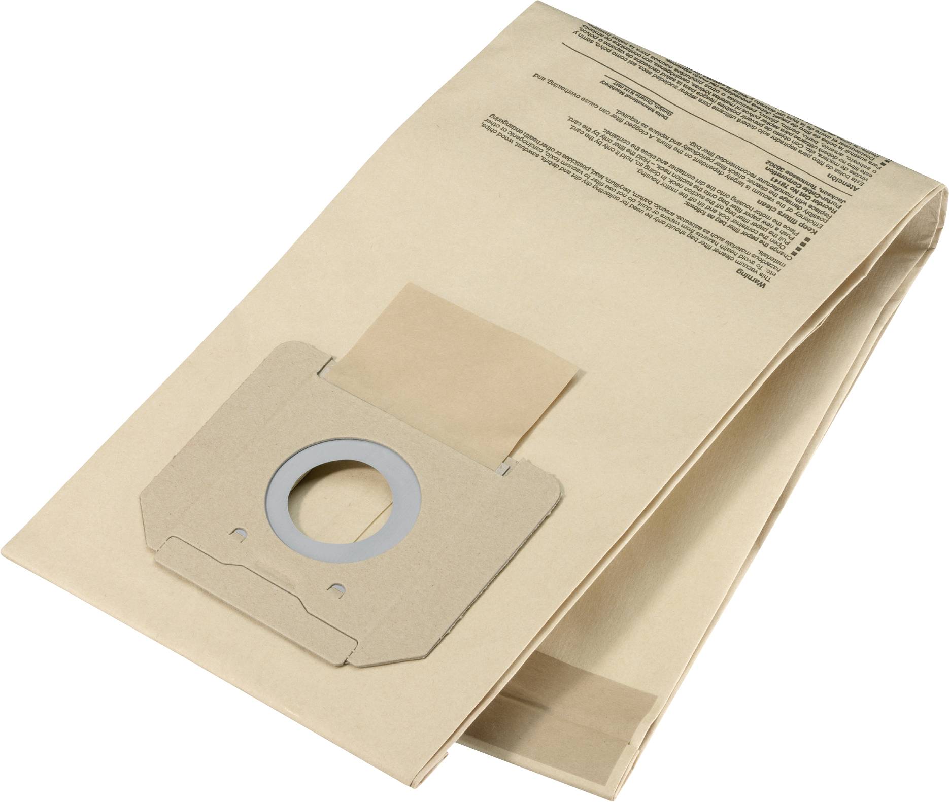 Staubsaugerbeutel aus Papier mit rundem Plastikanschluss, vorbereitet zum Einsetzen in einen Staubsauger.