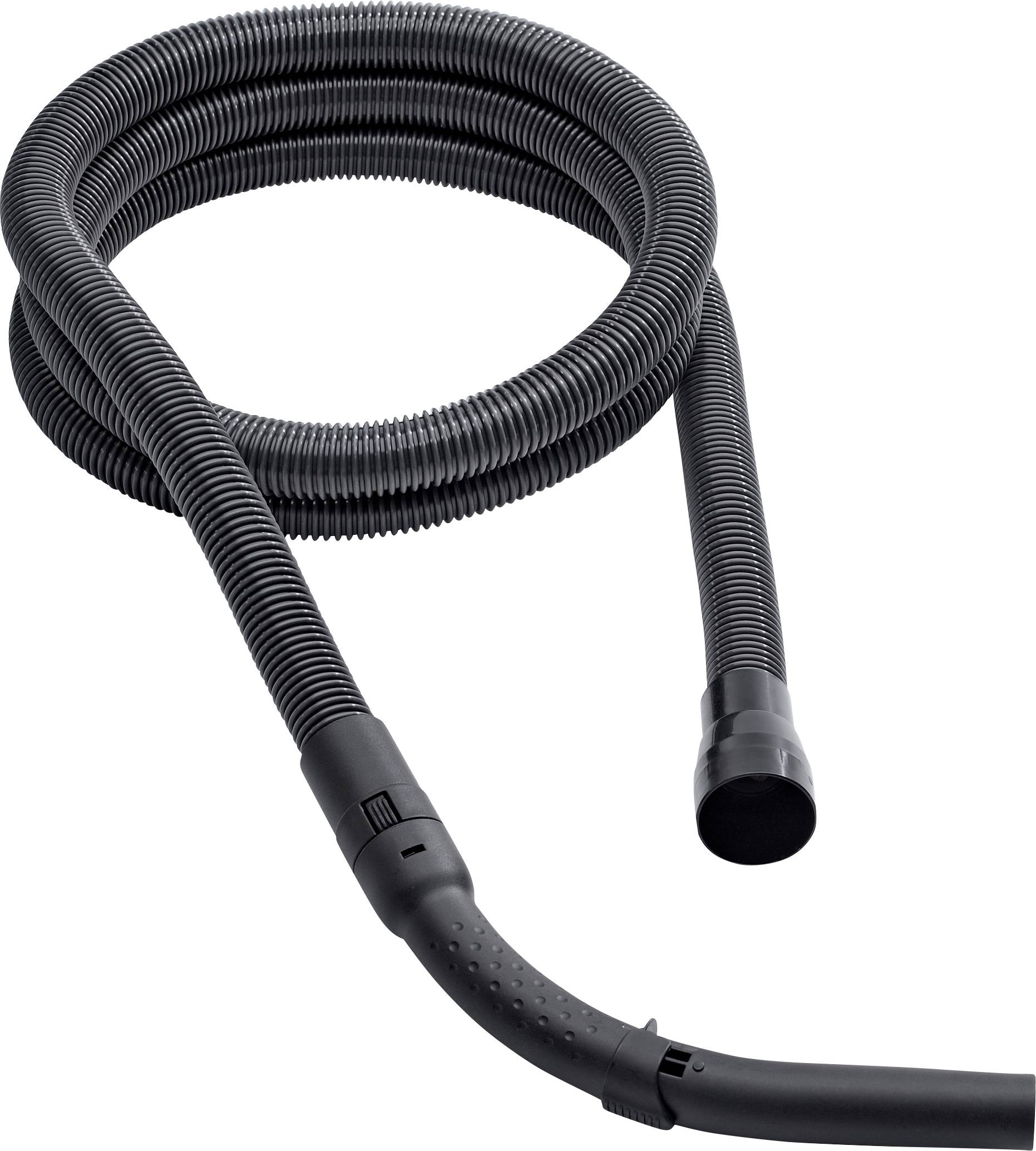 Ein schwarzer, flexibler Staubsaugerschlauch, der aufgerollt ist. Der Schlauch hat an einem Ende eine gebogene Düse.
