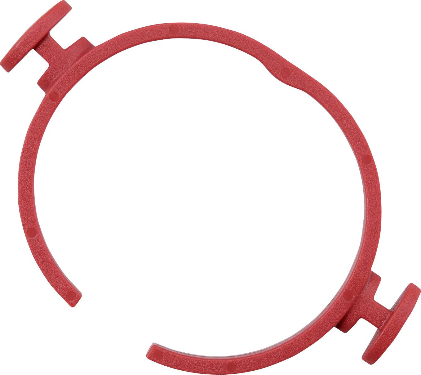 Rotes, kreisförmiges Plastikteil mit zwei kurzen Armen, die an den Enden herausragen, auf weißem Hintergrund.