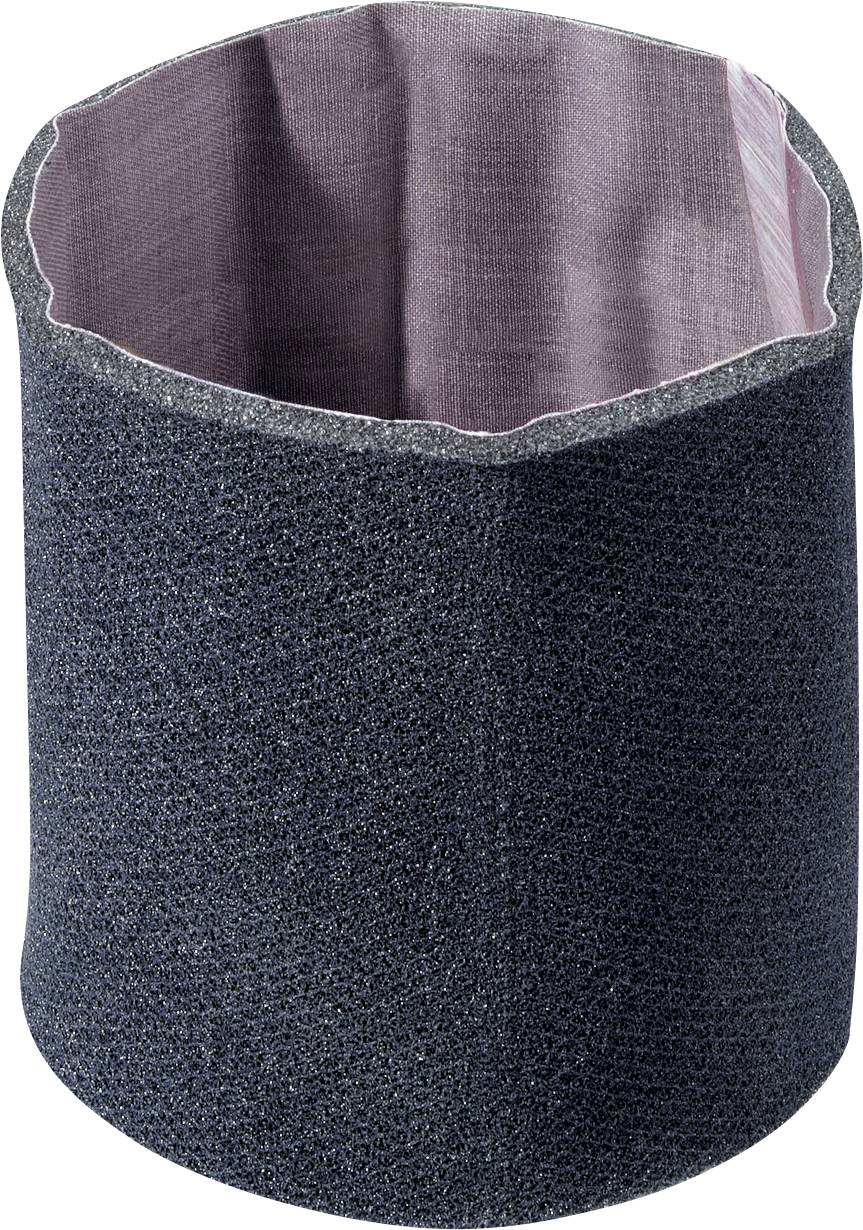 Ein Schleifband mit grauer, grobkörniger Oberfläche und lila Innenseite, verwendet für das Abschleifen von Materialien wie Holz oder Metall.