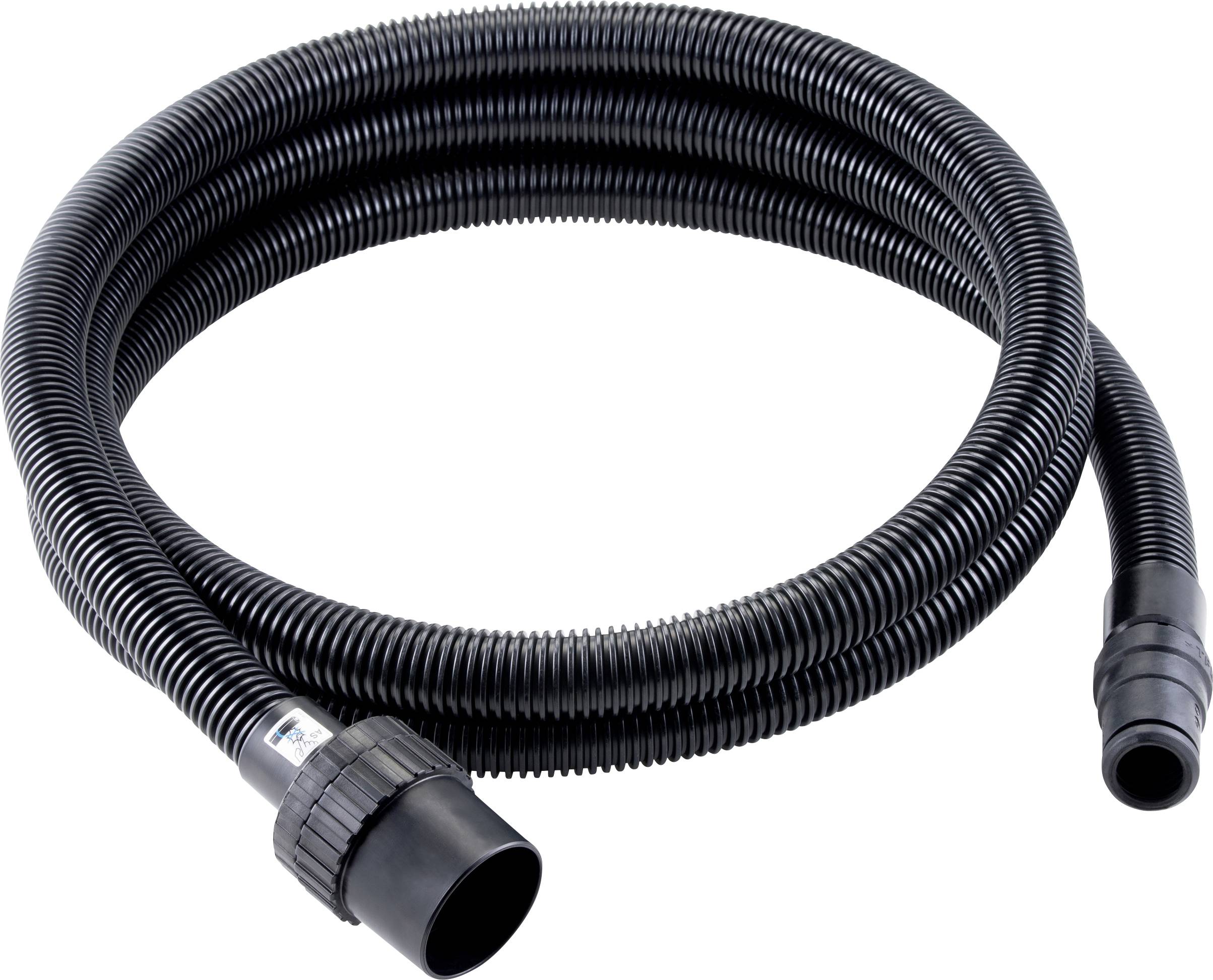 Ein langer, flexibler schwarzer Schlauch mit Anschlussstücken an beiden Enden. Geeignet für Staubsauger oder ähnliche Geräte.