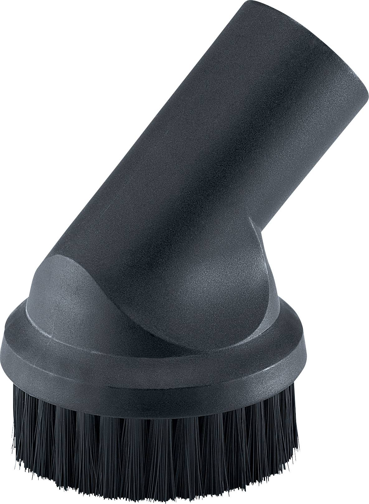 Ein schwarzer Staubsaugeraufsatz mit Borsten, verwendet für die Reinigung von Oberflächen, dargestellt vor weißem Hintergrund.