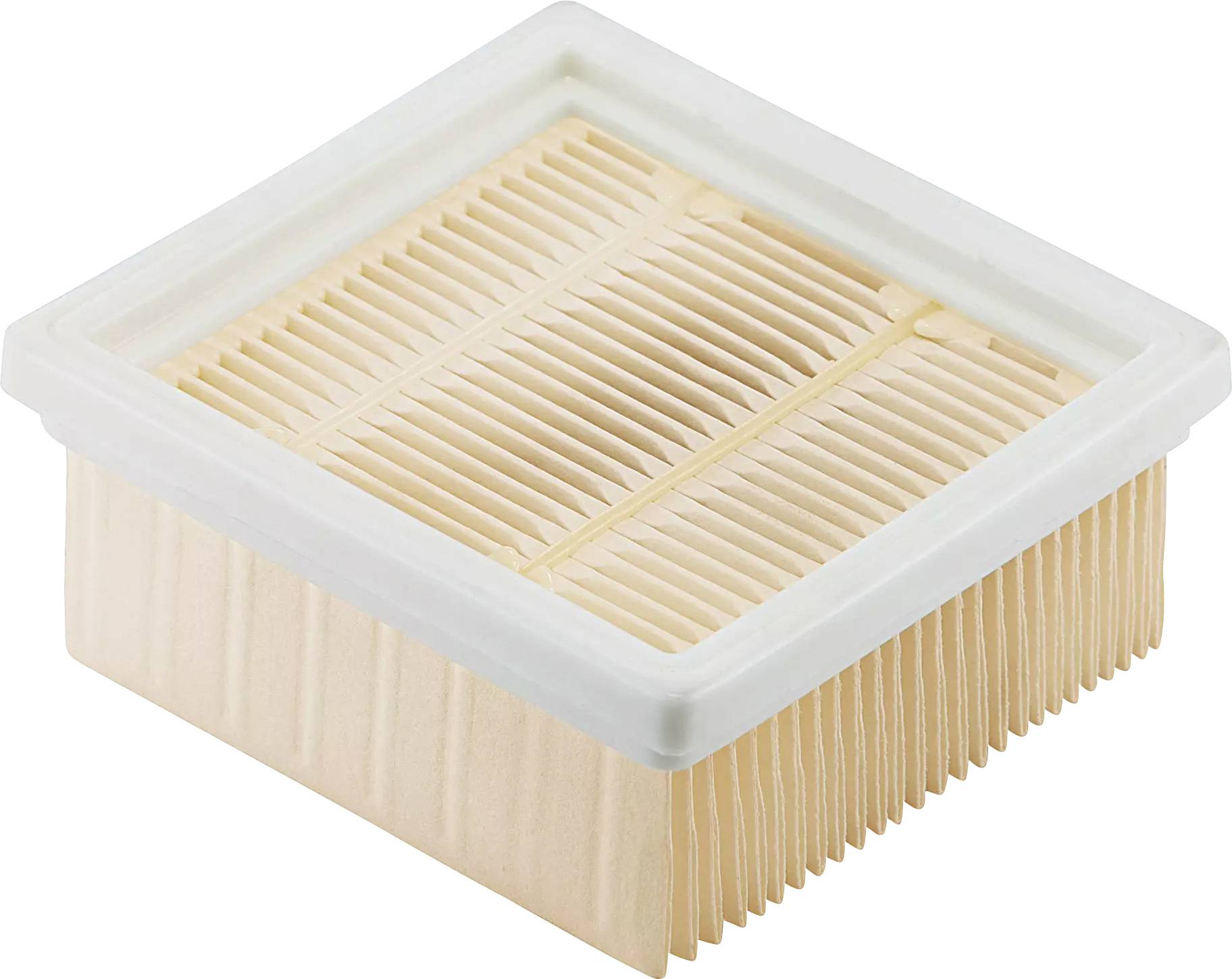Rechteckiger Luftfilter mit weißen Plastikrahmen und beige Falten. Wird häufig in Staubsaugern oder Lüftungsanlagen verwendet.