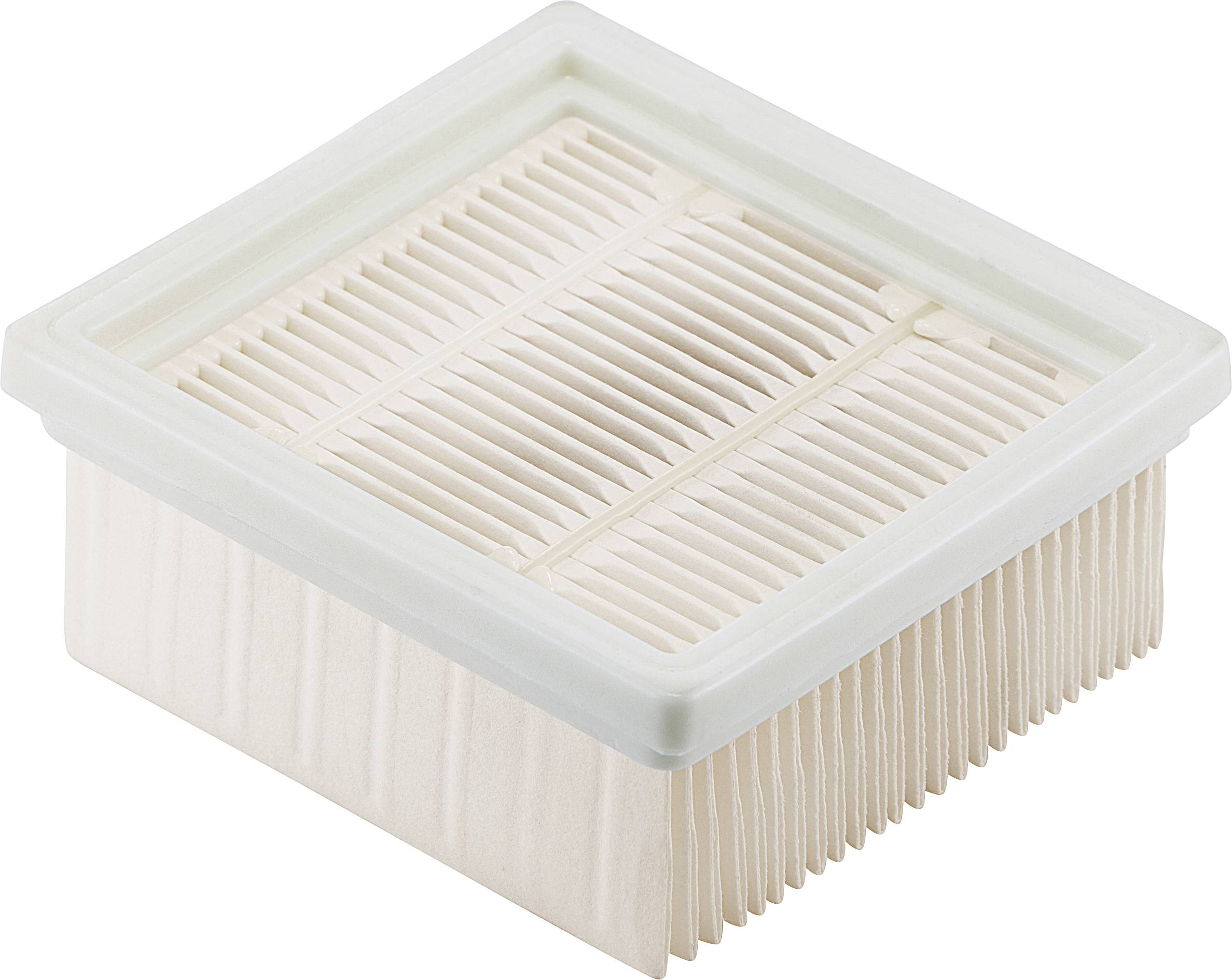 Ein quadratischer HEPA-Filter, weiß, mit gefalteten Lamellen zur Luftreinigung.