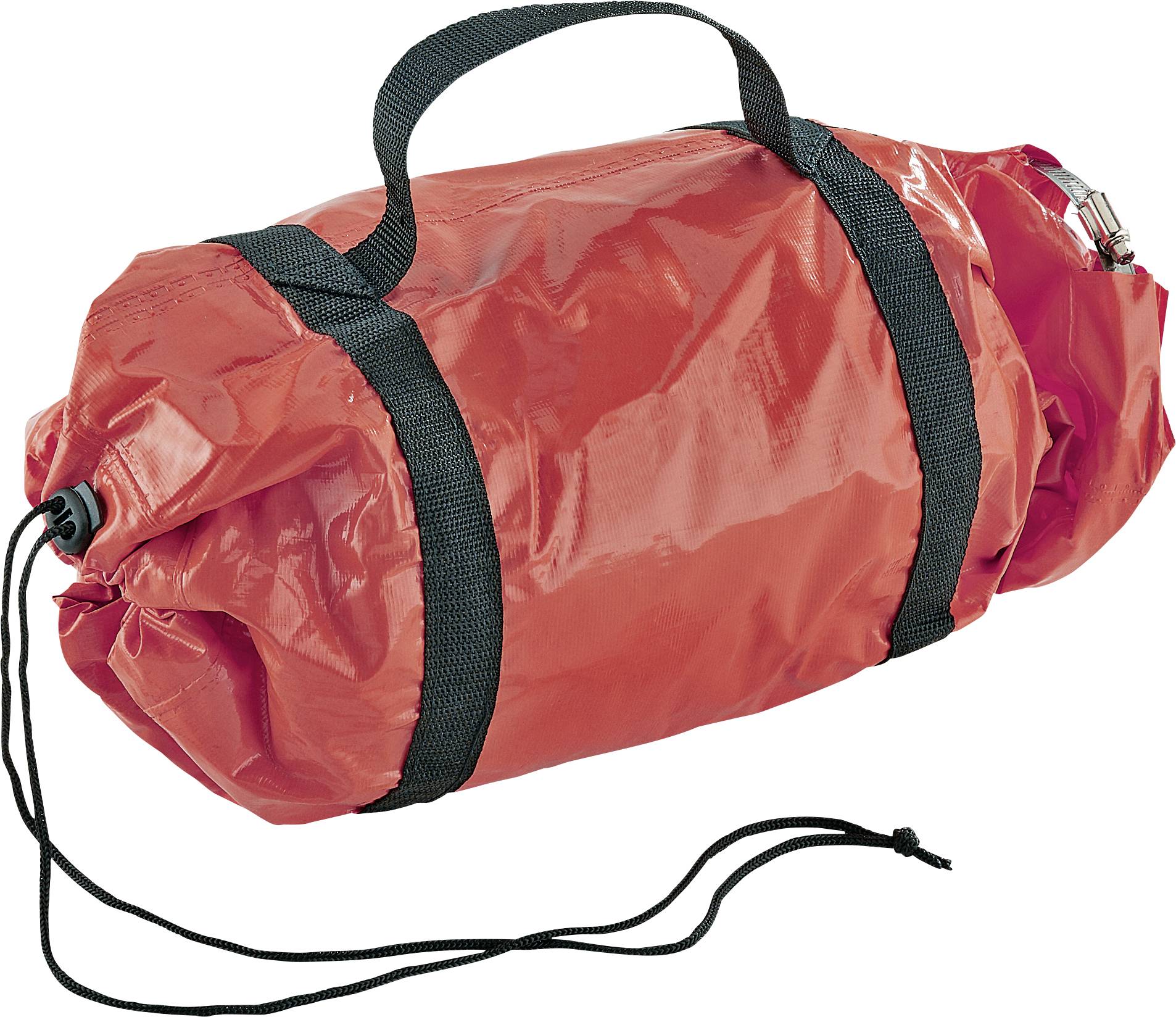 Ein roter Wurfsack mit schwarzem Tragegriff und Bändern, häufig für Wasserrettungen verwendet.