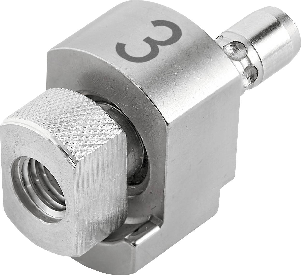 Metallischer Klemmbeschlag mit Gewinde und Anschluss, nummeriert mit 'C3', zur Befestigung in technischen Anwendungen.