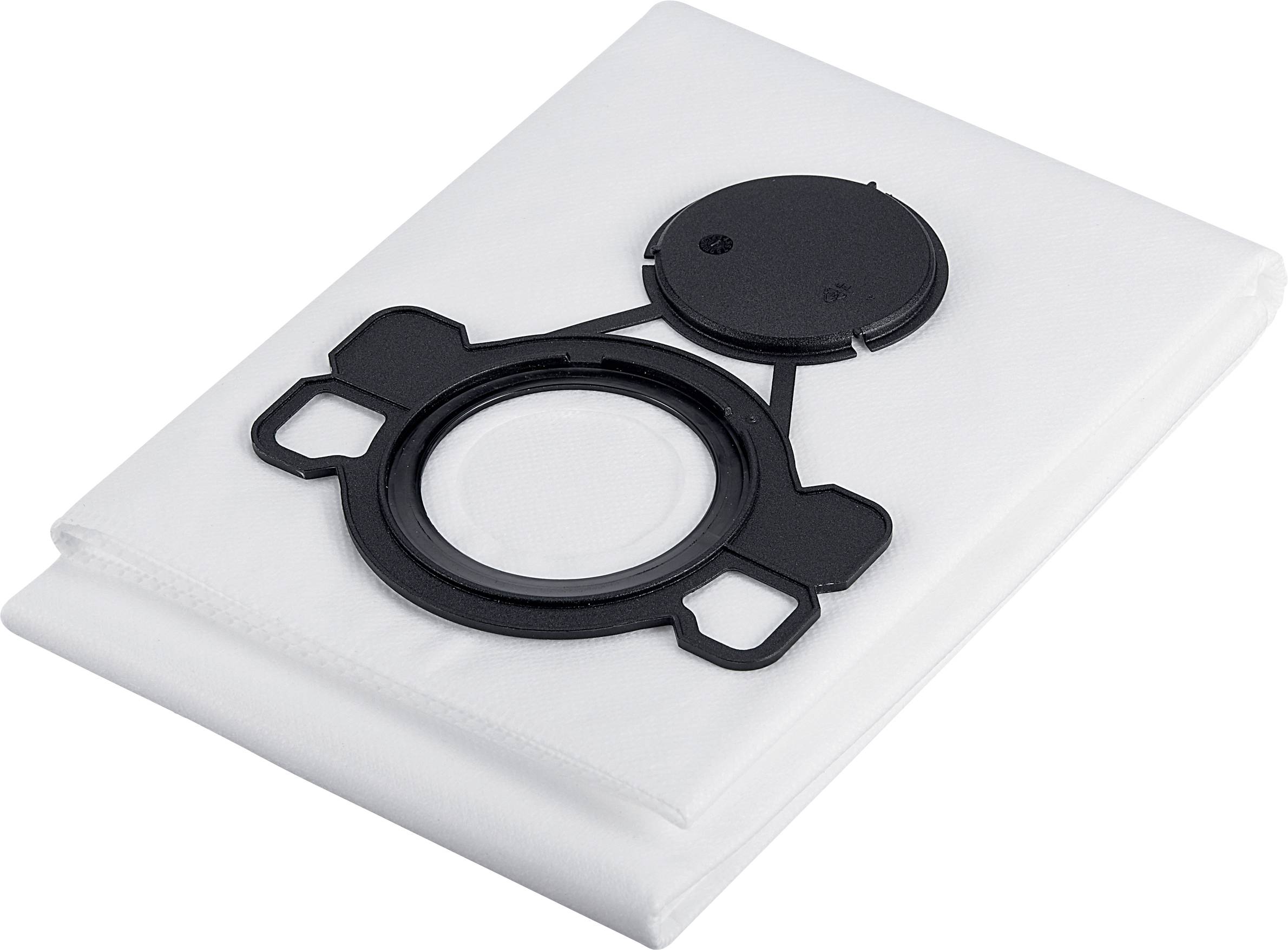 Staubsaugerbeutel aus weißem Stoff mit schwarzem Plastikverschluss, flach liegend, bereit zum Einsetzen in einen Staubsauger.