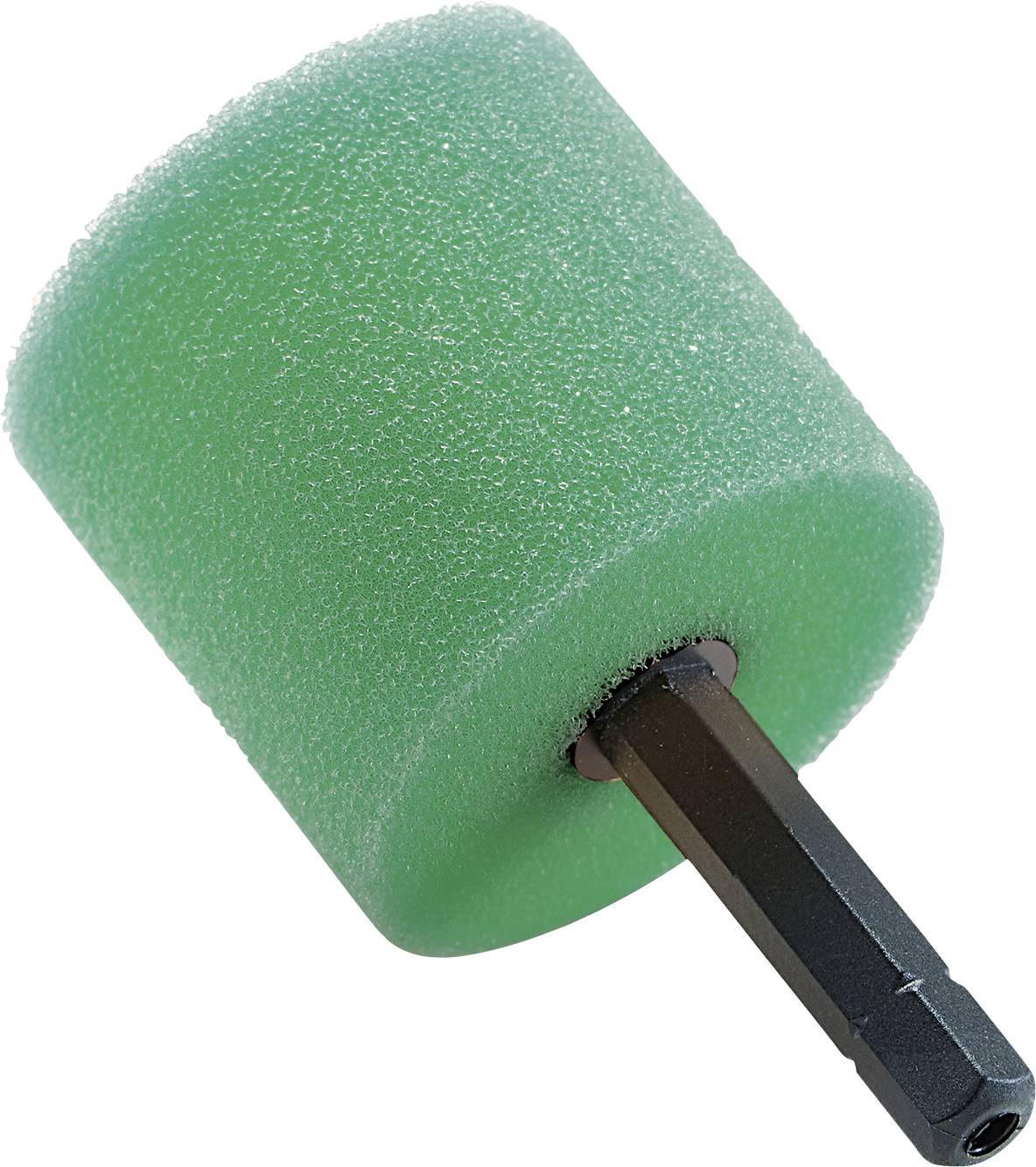 Grüner Schaumstoffzylinder auf einem Metallstab, vermutlich als Polier- oder Schleifaufsatz für Bohrmaschinen oder Schrauber.
