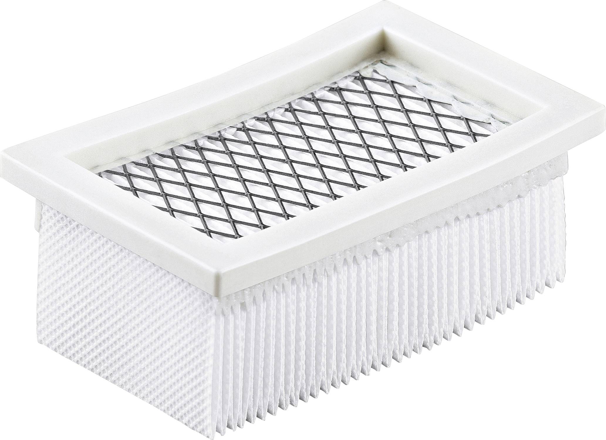 Ein rechteckiger Luftfilter mit weißem Rahmen und schwarzem Gitter darüber. Der Filter besteht aus gefaltetem Material.