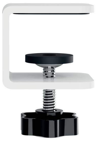 Weißer C-förmiger Schraubstock mit schwarzem Schrauben- und Drehgriff, geeignet zum Befestigen an einer Oberfläche.