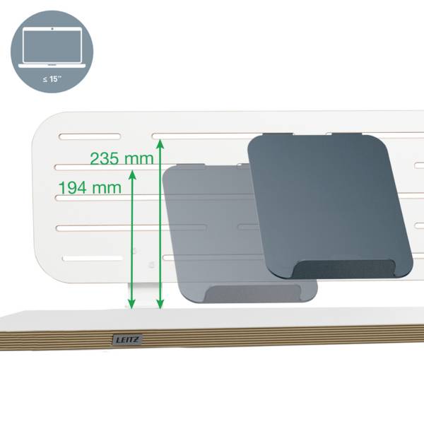 Monitorständer von Leitz; geeignet für Monitore bis 15 Zoll; Höhe 235 mm, Breite 194 mm; graue Ablage auf heller Oberfläche.
