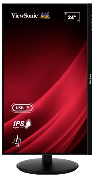 Ein 24-Zoll-Monitor von ViewSonic mit USB-C-Anschluss, IPS-Bildschirm und ergonomischem Design auf rotem Hintergrund.