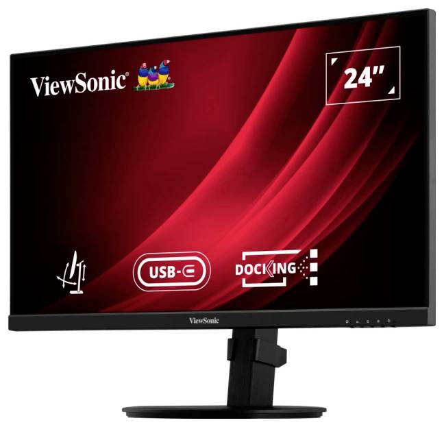 ViewSonic-Monitor mit 24-Zoll-Bildschirm, rotem Hintergrund, USB-C- und Docking-Symbolen.