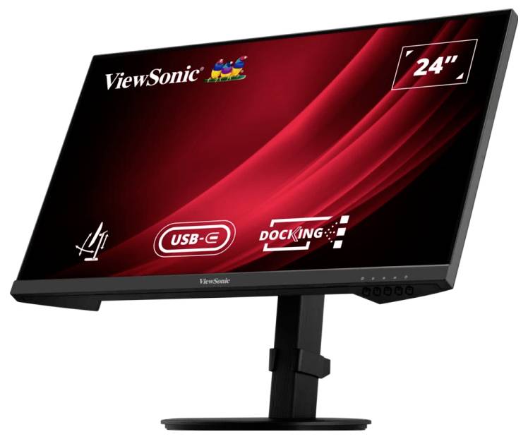 Ein Monitor der Marke ViewSonic mit einem 24-Zoll-Display, USB-C-Anschluss und Docking-Funktion, gezeigt vor rotem Hintergrund.