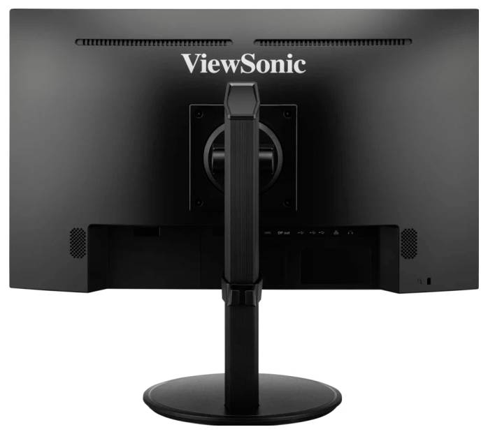 Rückansicht eines schwarzen ViewSonic Computermonitors mit verstellbarem Standfuß, geeignet für Büro- oder Heimarbeitsplätze.
