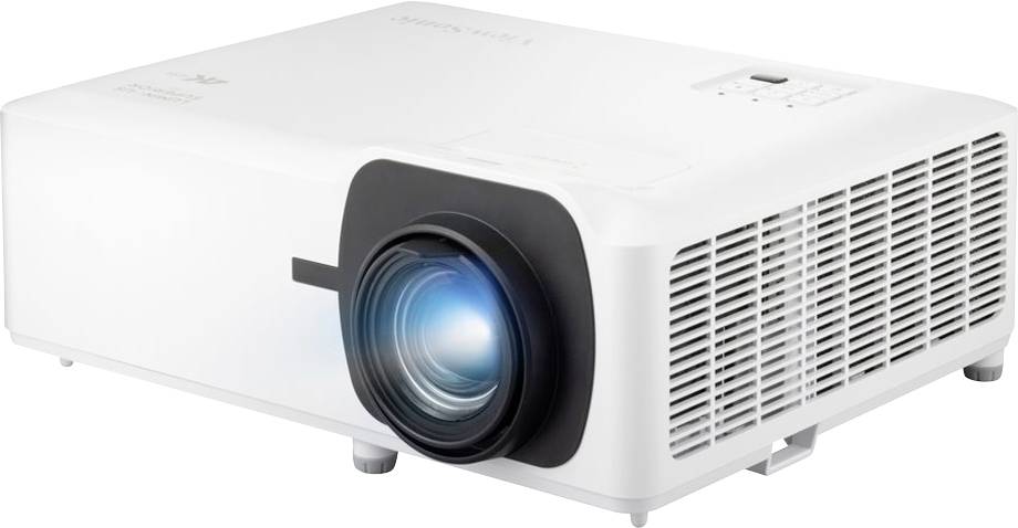 Ein moderner, weißer Projektor mit einem großen Objektiv, leuchtet blaues Licht; geeignet für Präsentationen oder Heimkino.