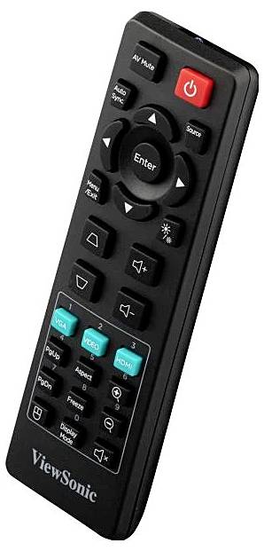 Schwarze ViewSonic-Fernbedienung mit verschiedenen Tasten, darunter Zahlen, Pfeiltasten, Lautstärke und Eingangsquellen wie HDMI und VGA.