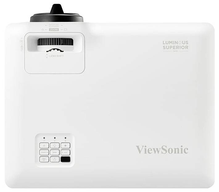 Projektor von oben mit schwarzem Einstellrad links, Beschriftungen 'Luminous Superior' und 'ViewSonic', Tastenfeld unten.