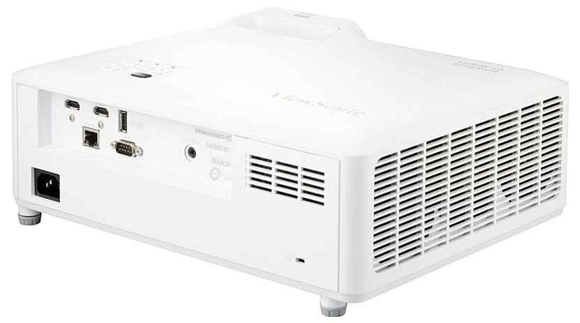 Ein weißer Projektor mit mehreren Anschlüssen, darunter HDMI und VGA. Er ist zum Betrachten von Filmen oder Präsentationen konzipiert.