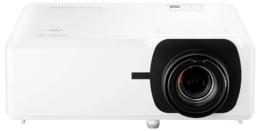 Weißer Projektor mit großem Objektiv an der Vorderseite, bereit zur Projektion.