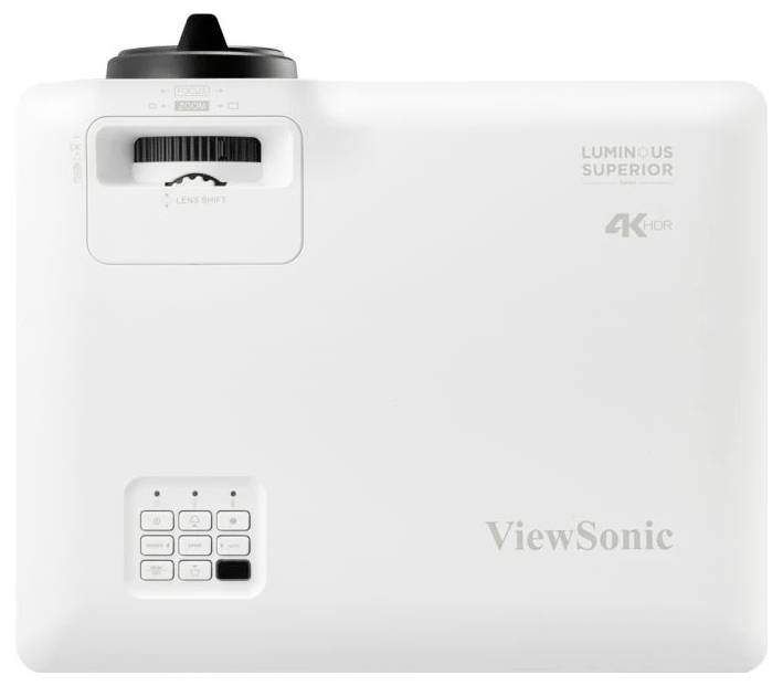 Ein weißer ViewSonic 4K-Projektor mit Steuerknöpfen und Fokuseinstellungen, geeignet für hochauflösende Präsentationen.