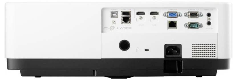 Die Rückseite eines Projektors mit mehreren Anschlüssen, darunter Ethernet-, VGA- und HDMI-Ports, sowie ein Netzanschluss.