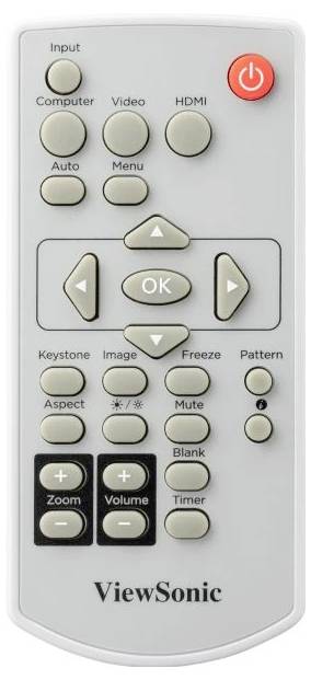Graue Fernbedienung mit roten, grünen und schwarzen Tasten; 'ViewSonic' Logo unten. Tasten für Menü, Lautstärke, Zoom und mehr.