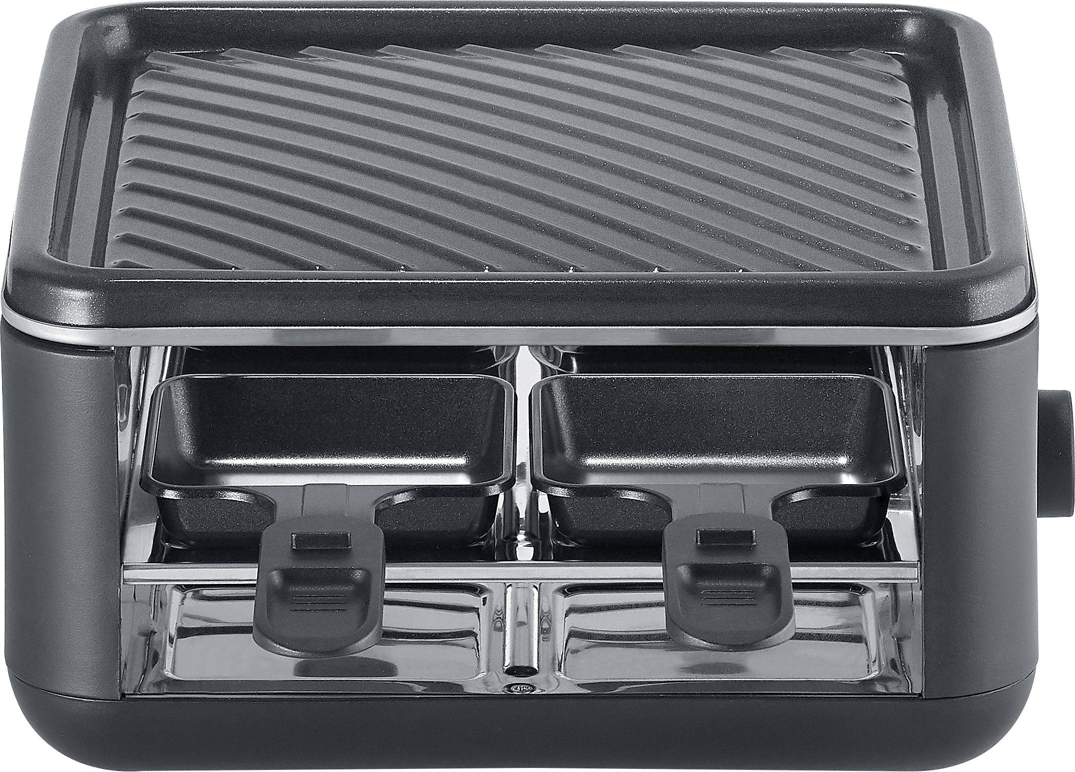 Tischgrill mit zwei kleinen Pfannen unten und einer gerippten Grillplatte oben, geeignet für Raclette oder Grillgerichte.