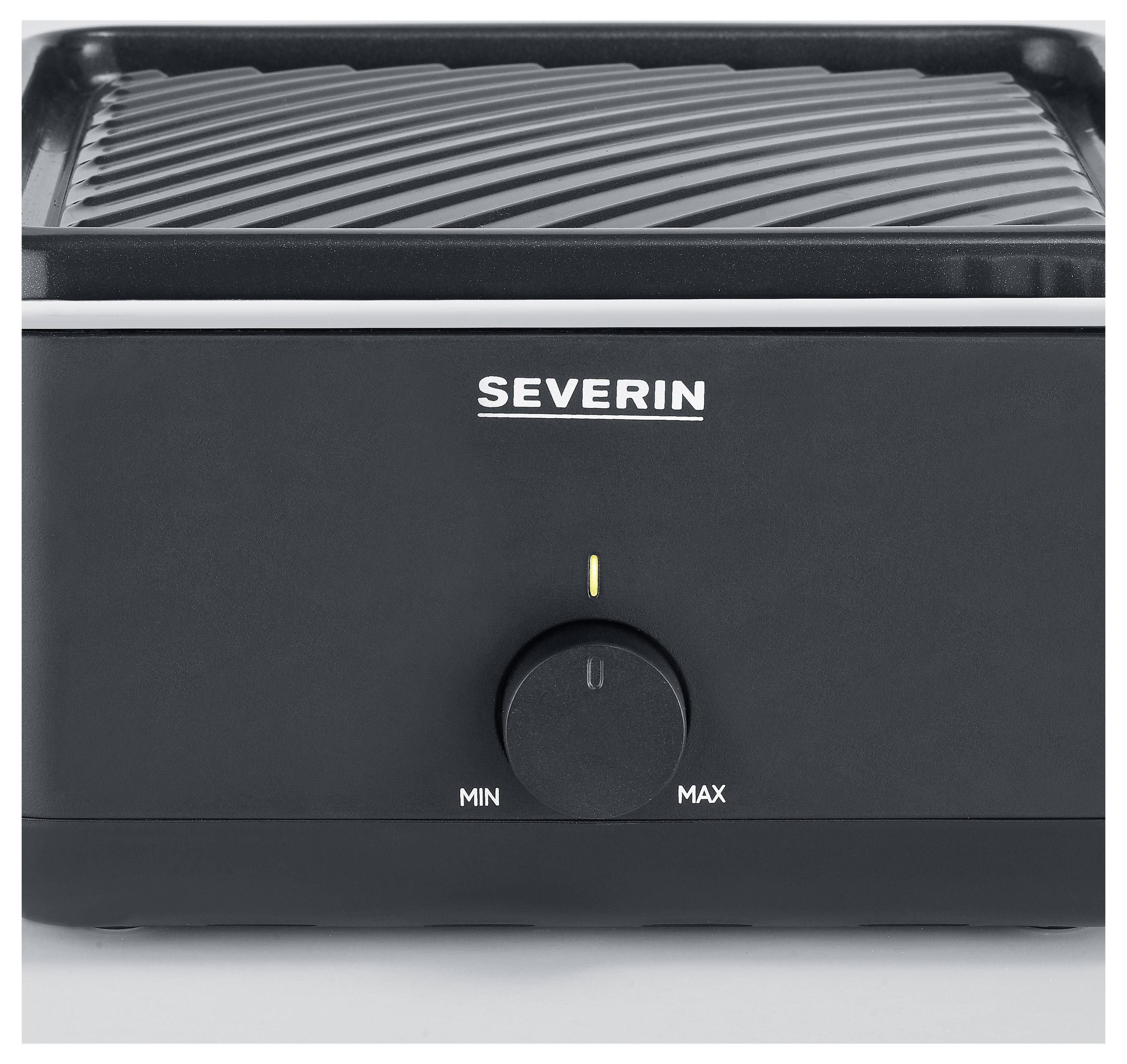 Die Abbildung zeigt einen schwarzen Elektrogrill der Marke Severin mit einem Drehknopf zur Temperatureinstellung von 'Min' bis 'Max'.