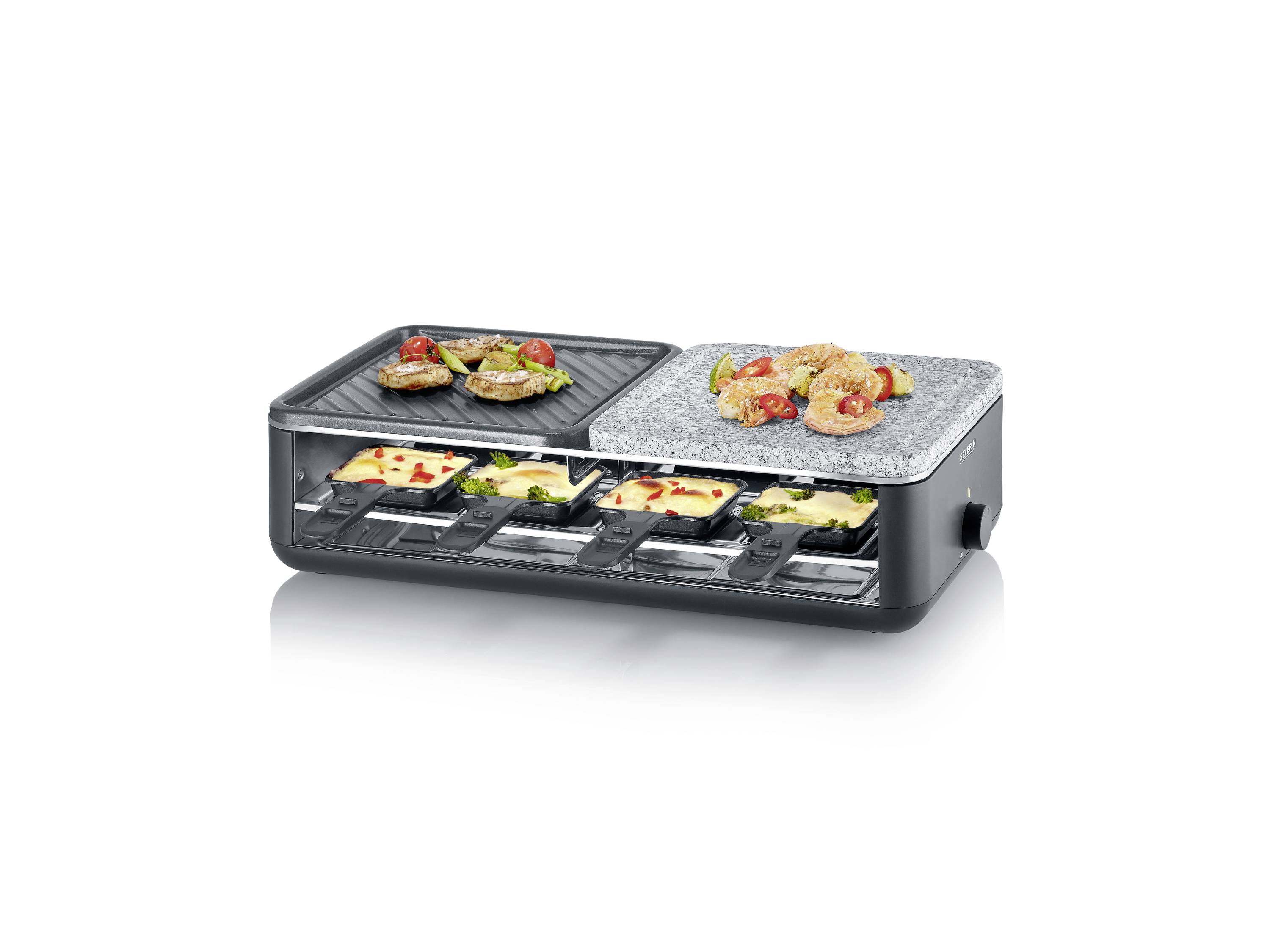 Severin 2366 Raclette 8 Pfännchen, Antihaftbeschichtung, mit Grillstein Schwarz