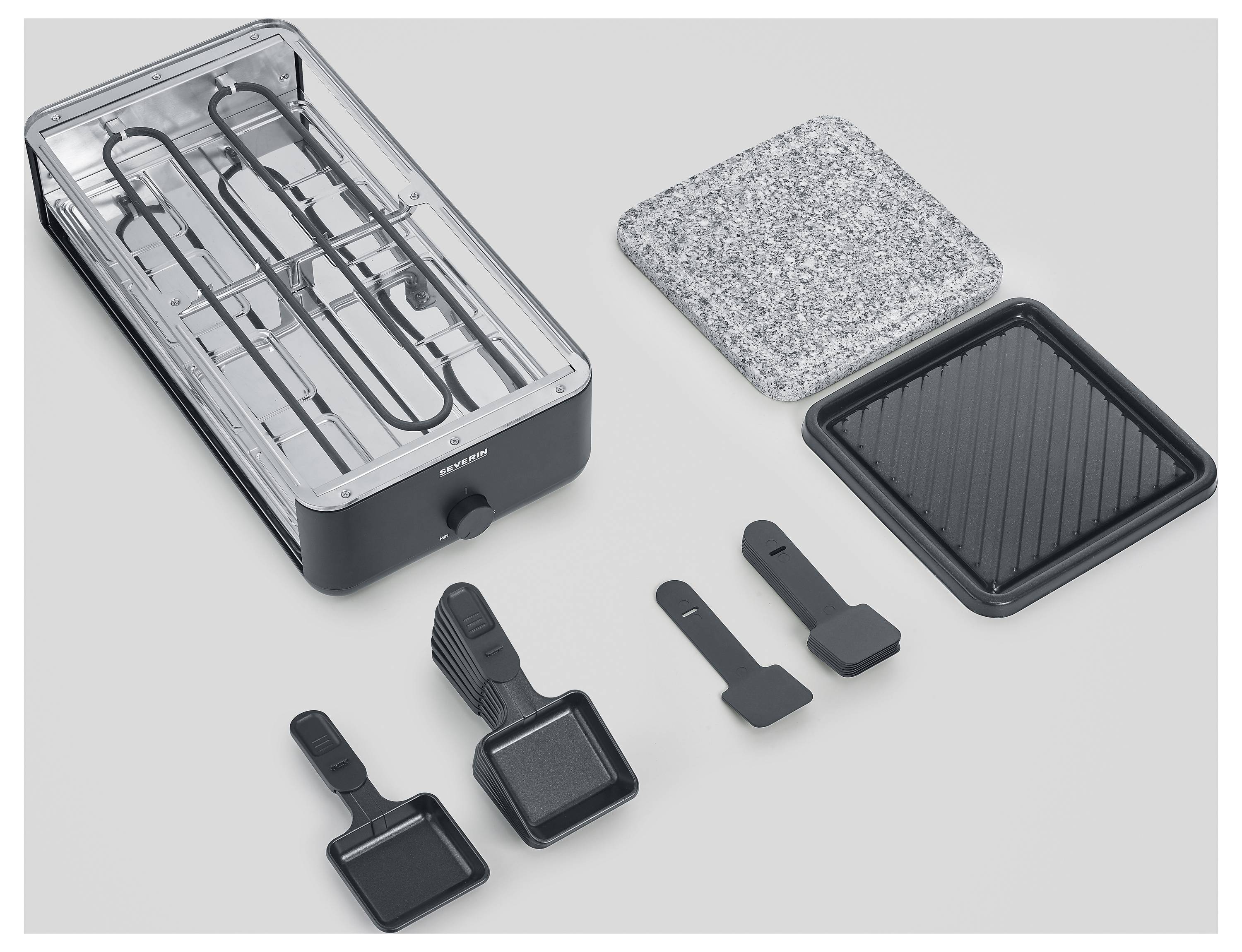 Severin 2366 Raclette 8 Pfännchen, Antihaftbeschichtung, mit Grillstein Schwarz