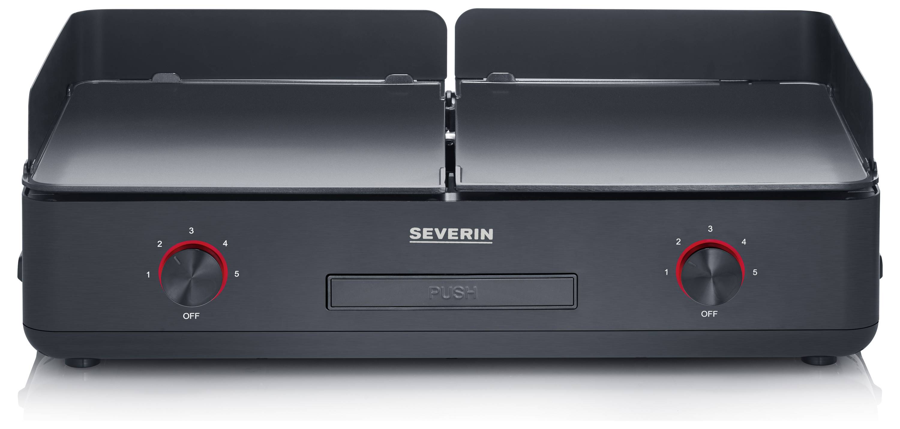 Ein schwarzer, elektrischer Doppelsandwichmaker mit zwei Regelknöpfen zur Temperatureinstellung und dem Firmenlogo in der Mitte.