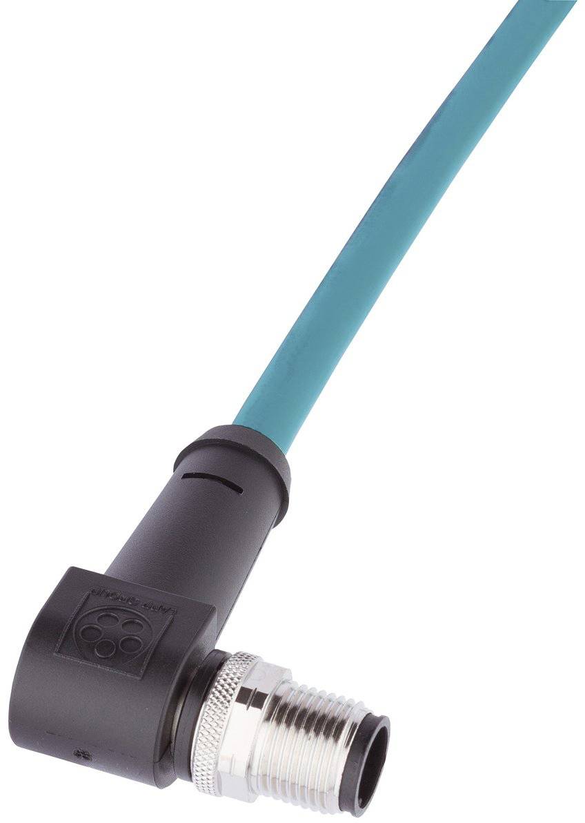Ein gewinkelter Steckverbinder mit blauem Kabel und Metallgewinde. Geeignet für elektrische Verbindungen und industrielle Anwendungen.