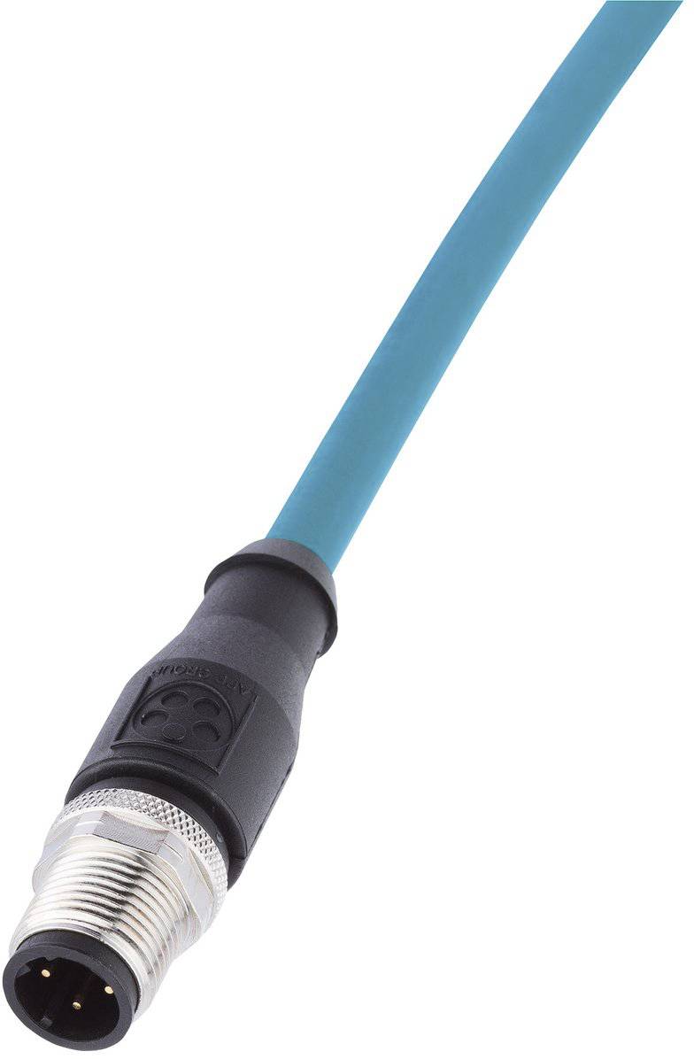 Ein blaues Kabel mit einem metallischen, zylindrischen Stecker. Der Stecker hat mehrere Pins, geeignet für elektronische Verbindungen.