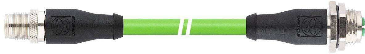 Grünes Kabel mit schwarzen Steckern an beiden Enden, links ein männlicher und rechts ein weiblicher Steckverbinder.