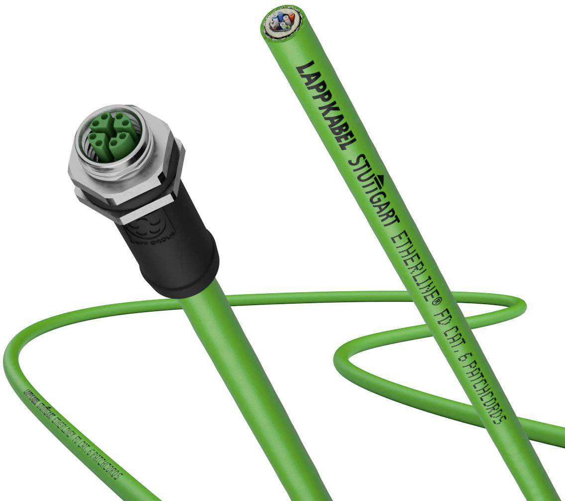Grünes Kabel mit Steckverbindung und Aufschrift 'Lappkabel Stuttgart'; zeigt Flexibilität und Anschlussmöglichkeiten.