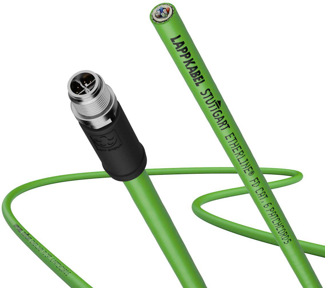 Grünes Kabel mit Stecker und Beschriftung 'Lappkabel Stuttgart'. Eignet sich für Ethernet- und EIP-Cat 6-Anwendungen.