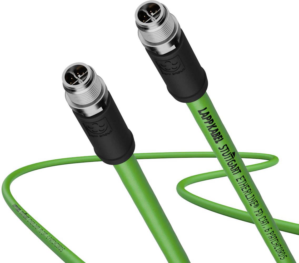 Zwei grüne, industrielle Datenkabel mit schwarzen Verbindungselementen, beschriftet mit 'LAPPKABEL' und technischen Informationen.