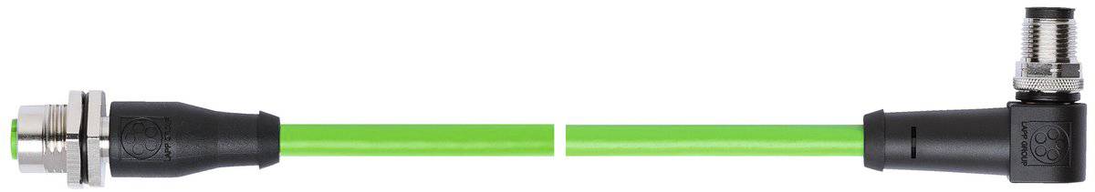 Ein grünes Kabel mit einem geraden und einem abgewinkelten schwarzen Steckverbindungsende.