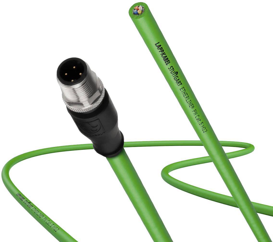 Grünes Kabel mit schwarzem Stecker, Aufschrift 'ÖLFLEX' und Schutzbeschichtung für industrielle Anwendungen.